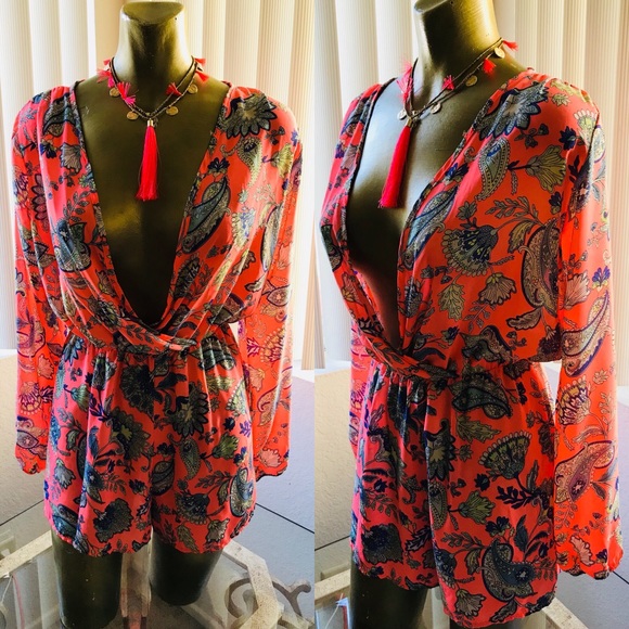Fabulous Neon CORAL Floral Print ROMPER M/L - Picture 8 of 8